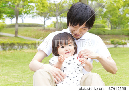 A little girl playing with her father against the backdrop of fresh green trees. Image of father and son, affection, childcare A little girl playing with her father against the backdrop of fresh green trees. Image of father and son, affection, childcare 87919566