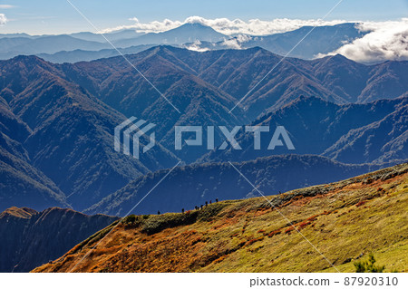 Climbers going along the ridgeline from the summit of Mt. Echigo Komagatake and a distant view of Mt. Hiuchigatake 87920310