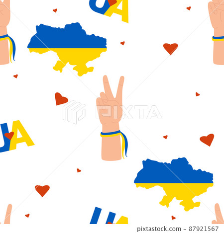 Ukrainian Seamless pattern. Hand gesture, two fingers, victory, Yellow-blue map of Ukraine, colors of Ukrainian flag on white background with hearts. Vector illustration Ukrainian Seamless pattern. Hand gesture, two fingers, victory, Yellow-blue map of Ukraine, colors of Ukrainian flag on white background with hearts. Vector illustration 87921567