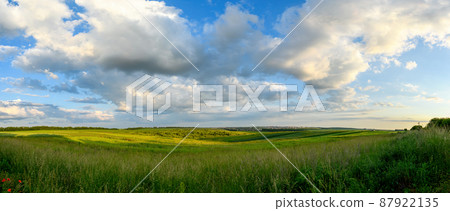 Field of green grass with blue sky and white clouds Field of green grass with blue sky and white clouds 87922135