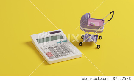 放置在平面上的微型嬰兒車和計算器的 3D 渲染插圖 87922588