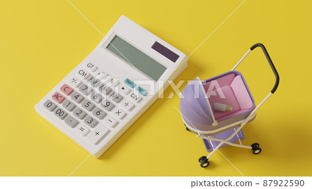 3D rendered illustration of a miniature stroller and calculator placed on a flat surface 87922590