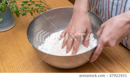 Mix flour and milk and knead the dough | Image of making bread and sweets Mix flour and milk and knead the dough | Image of making bread and sweets 87922931