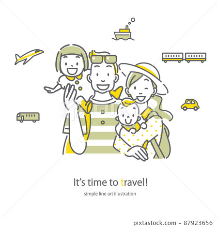A family of four young people enjoying a trip Simple and stylish line drawing illustrations 87923656