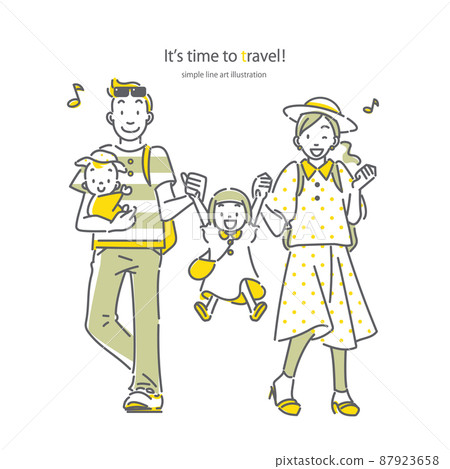 A family of four young people enjoying a trip Simple and stylish line drawing illustrations 87923658