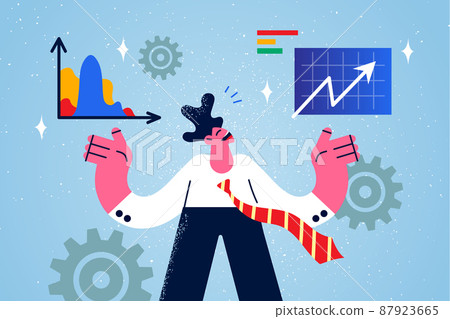 Smiling businessman consider financial graphs  87923665