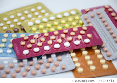 Oral contraceptive pill on pharmacy counter. Oral contraceptive pill on pharmacy counter. 87923713