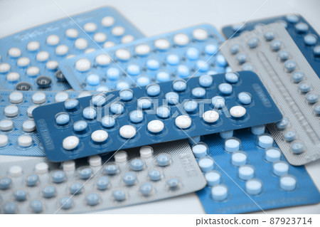 Oral contraceptive pill on pharmacy counter. Oral contraceptive pill on pharmacy counter. 87923714