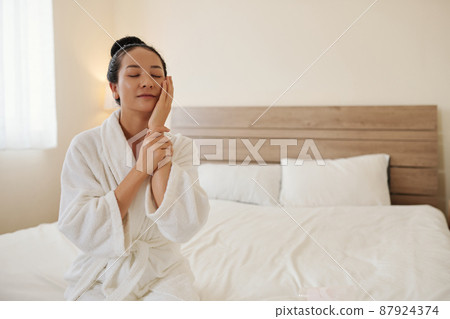 Woman Touching Her Soft Tender Skin Woman Touching Her Soft Tender Skin 87924374