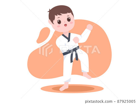 Cute Cartoon Kids Doing Some Basic Karate Martial Arts Moves, fighting Pose and Wearing Kimono in Flat Style Background Vector Illustration 87925005