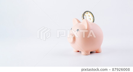 Save currency bitcoin. Pink pig bank with golden bit coin money BTC on white background. Save money investment and business finance. Save currency bitcoin. Pink pig bank with golden bit coin money BTC on white background. Save money investment and business finance. 87926008