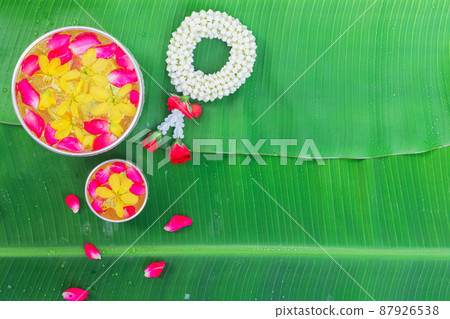 Songkran Festival background with jasmine garland Flowers in a bowl of water, perfume and limestone on a green wet banana leaf background. Songkran Festival background with jasmine garland Flowers in a bowl of water, perfume and limestone on a green wet banana leaf background. 87926538