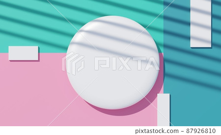 3d render top view of white blank cylinder frame for mock up and display products with shadows of palm leaves, earth tone, and pastel wall background. Creative idea concept. Widow shadow. 87926810