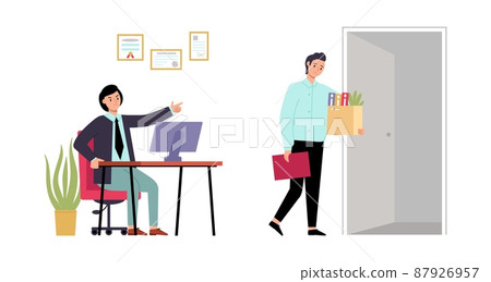 Employee dismissal. Business boss and jobless man, leave work place. Manager in stress, team leader dismiss professional, decent vector scene Employee dismissal. Business boss and jobless man, leave work place. Manager in stress, team leader dismiss professional, decent vector scene 87926957