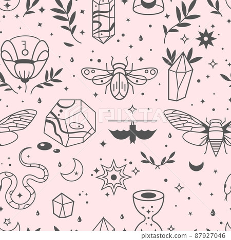 Bohemian style print. Line mystic elements, nature outline decorative background. Insects, snake, bat and stars and moon. Magic boho symbols vector seamless pattern Bohemian style print. Line mystic elements, nature outline decorative background. Insects, snake, bat and stars and moon. Magic boho symbols vector seamless pattern 87927046