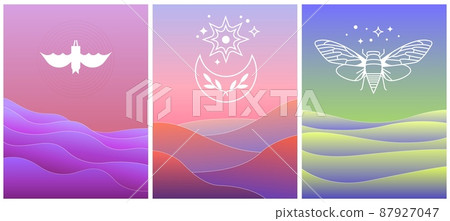Abstract landscape. Colorful asian style valley and mystic symbols. Beetle, bat silhouette and magic moon with stars, vector poster template 87927047