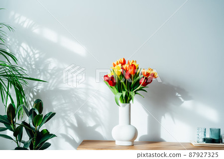 Scandinavian home interior with spring colorful bouquet of tulip flowers in ceramic vase standing on a wooden cabinet. Minimalist design with green plants and white wall. Biophilia style. Springtime. 87927325