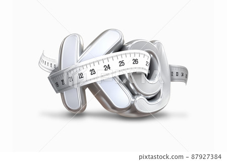 KG 圖標和捲尺 3D 圖形象徵體重、肥胖和飲食 87927384