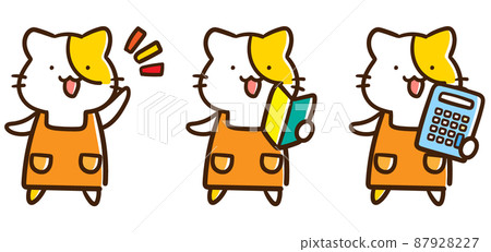 Handwritten style illustration set of cute cat with apron 87928227