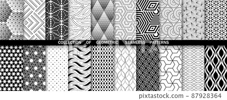 Geometric set of seamless black and white patterns. Simple vector graphics Geometric set of seamless black and white patterns. Simple vector graphics 87928364