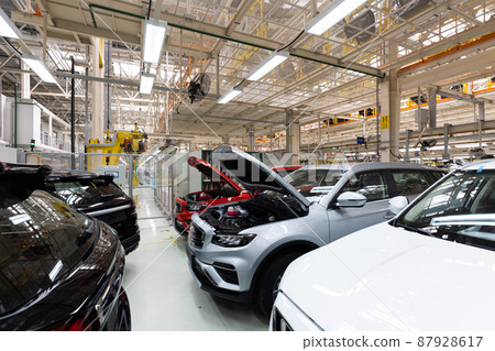 Modern car assembly plant. Auto industry. Interior of a high-tech factory, modern production of Modern car assembly plant. Auto industry. Interior of a high-tech factory, modern production of 87928617