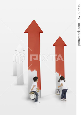 Creative kids holding paint buckets and coloring arrows rising high 87928650