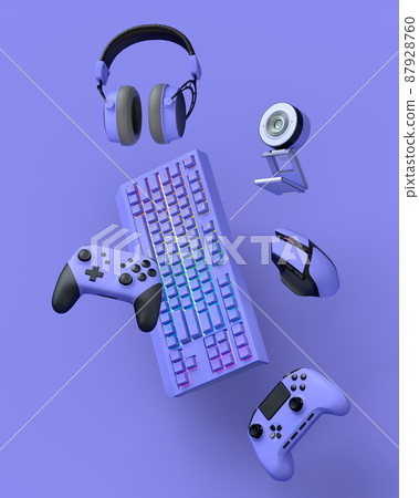 Flying gamer gears like mouse, keyboard, joystick, headset, VR Headset. web camera on purple table background. 3d rendering of accessories for live streaming concept top view 87928760