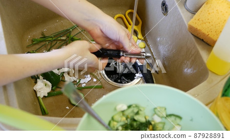 Organic garbage in sink, food waste disposer. Peels, remains, disposal grinder. Organic garbage in sink, food waste disposer. Peels, remains, disposal grinder. 87928891