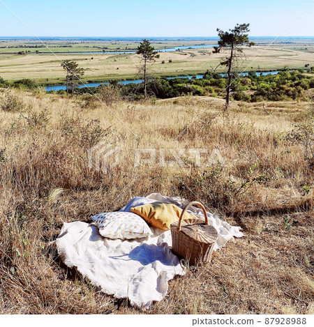 Wicker picnic basket on cotton plaid with cushions in summer field in countryside Wicker picnic basket on cotton plaid with cushions in summer field in countryside 87928988