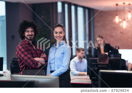 Two happy diverse professional executive business team people woman and man looking at camera standing in office lobby hall. Multicultural company managers team portrait. Two happy diverse professional executive business team people woman and man looking at camera standing in office lobby hall. Multicultural company managers team portrait. 87929854