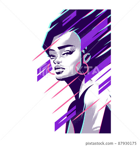 Abstract portrait of a black African woman with rings in her ears. Stylized swift lines. Purple Abstract portrait of a black African woman with rings in her ears. Stylized swift lines. Purple 87930175