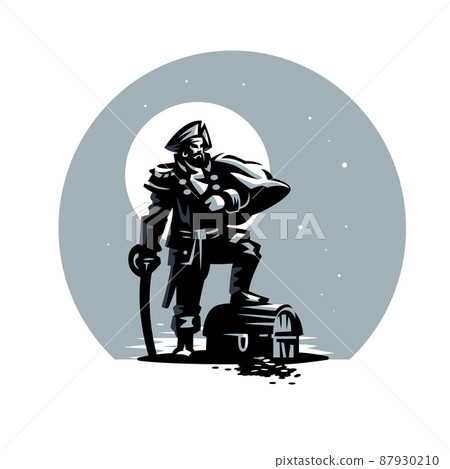 A pirate in a triangle leans on a saber and stands with one foot on a treasure chest. Against the background of the moon and stars. 87930210