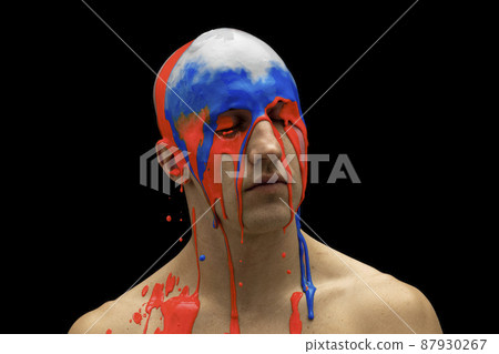 Conceptual image. Male head covered with blue, white and red colors of russian flag isolated over black background. Russian invasion Conceptual image. Male head covered with blue, white and red colors of russian flag isolated over black background. Russian invasion 87930267