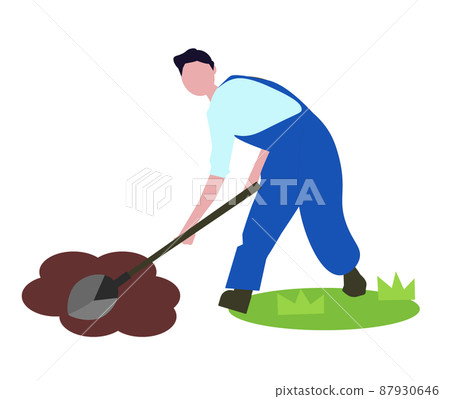 耕田的人。農業工作，養土。用鏟子挖土。農業和人民。插圖素材 87930646