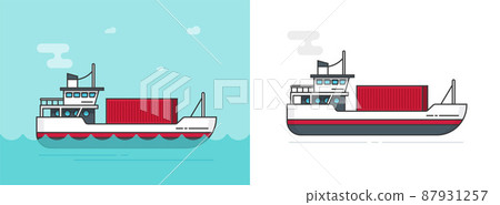 Vessel with cargo container vector or ship delivery carrier boat flat cartoon illustration on ocean and isolated on white background line outline art, commercial export freight marine moving 87931257