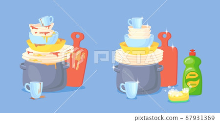 Clean and dirty dish. Dirt kitchen dishes, wash utensils grease soap sponge before cook food cleaned cup plate pot after water washing stains 87931369