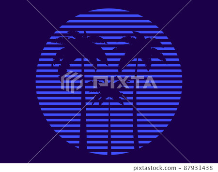 Retro futuristic palm trees in 80s style at sunset. Summer time, palm trees on the background of the sun, synthwave style. Design for advertising brochures and banners. Vector illustration Retro futuristic palm trees in 80s style at sunset. Summer time, palm trees on the background of the sun, synthwave style. Design for advertising brochures and banners. Vector illustration 87931438