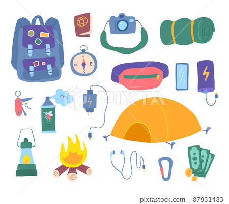 Cartoon Color Hiking Traveling Stuff Icon Set Include of Backpack, Tent, Compass and Lantern. Vector illustration Cartoon Color Hiking Traveling Stuff Icon Set Include of Backpack, Tent, Compass and Lantern. Vector illustration 87931483