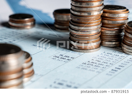 Pile of gold coins money stack in finance treasury deposit bank account saving Pile of gold coins money stack in finance treasury deposit bank account saving 87931915