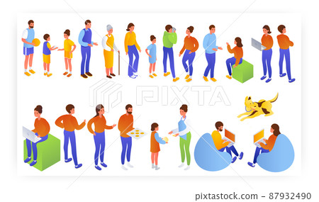 Family characters isometric icons. Couple, father, mother, kid spending time together cooking, playing, talking, vector. Family characters isometric icons. Couple, father, mother, kid spending time together cooking, playing, talking, vector. 87932490