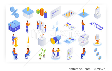 Election campaign and voting isometric icon set. Election program, speech. Polling day, ballot box, voters, vector. 87932500