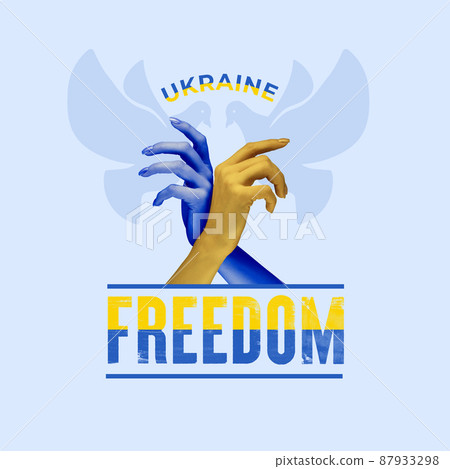 Contemporary art collage. Two hands covered in blue and yellow colors making bird shape of dove, peace symbol. Contemporary art collage. Two hands covered in blue and yellow colors making bird shape of dove, peace symbol. 87933298
