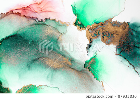 Green gold abstract background of marble liquid ink art painting on paper . 87933836