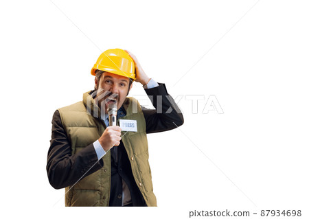 Portrait of young man in helmet, professional commentator, journalist with microphone broadcasting isolated over white background. News, emotions, job concept Portrait of young man in helmet, professional commentator, journalist with microphone broadcasting isolated over white background. News, emotions, job concept 87934698