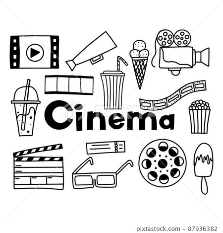 Doodle set of cinema elements. Set of abstract isolated design elements. Hand drawn vector black and white illustration. Doodle set of cinema elements. Set of abstract isolated design elements. Hand drawn vector black and white illustration. 87936382