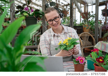 Young woman sells flowers and seedlings via video link on laptop via the Internet. Gardening, sales 87937386