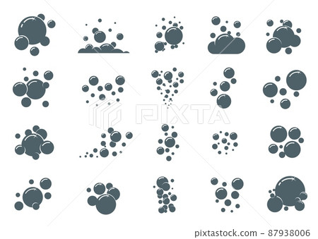Soap bubble icons. Simple monochrome air froth compositions. Soda water fizzy effect. Black boiling silhouettes. Foam graphics. Shampoo or powder scum. Vector isolated soapy spheres set 87938006