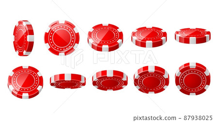 Realistic casino chips. Red 3D gambling tokens. Different view angles. Jackpot and win bets. Gaming coins for playing roulette or poker. Vector fortune games plastic accessories set Realistic casino chips. Red 3D gambling tokens. Different view angles. Jackpot and win bets. Gaming coins for playing roulette or poker. Vector fortune games plastic accessories set 87938025