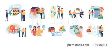 Mortgage credit people. Debt payments. Apartments evaluation. Residential house sale and rent. Real estates. Couples choose homes and take borrowed funds. Vector realtors deals set 87938051