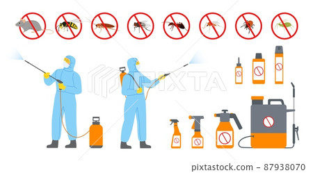 Disinfection service. Pests treatment. Workers in protective uniform sprayed toxin and poison. Disinsection and deratization. Professional equipment. Vector parasites extermination set Disinfection service. Pests treatment. Workers in protective uniform sprayed toxin and poison. Disinsection and deratization. Professional equipment. Vector parasites extermination set 87938070